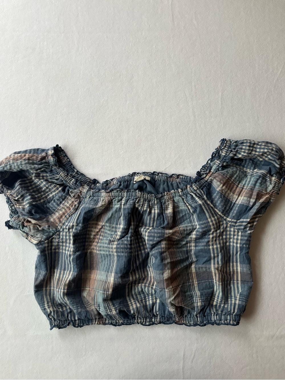 American Eagle Outfitters Blue Plaid Off-Shoulder Smocked Crop Top - Picture 3 of 6